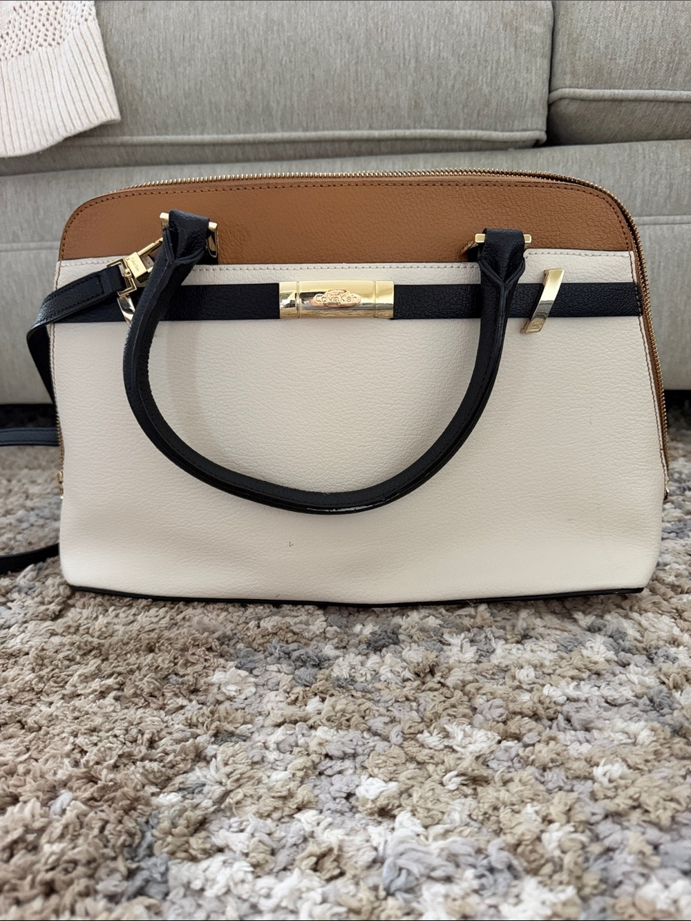 Cream and Brown Structured Satchel Handbag with Black Accents